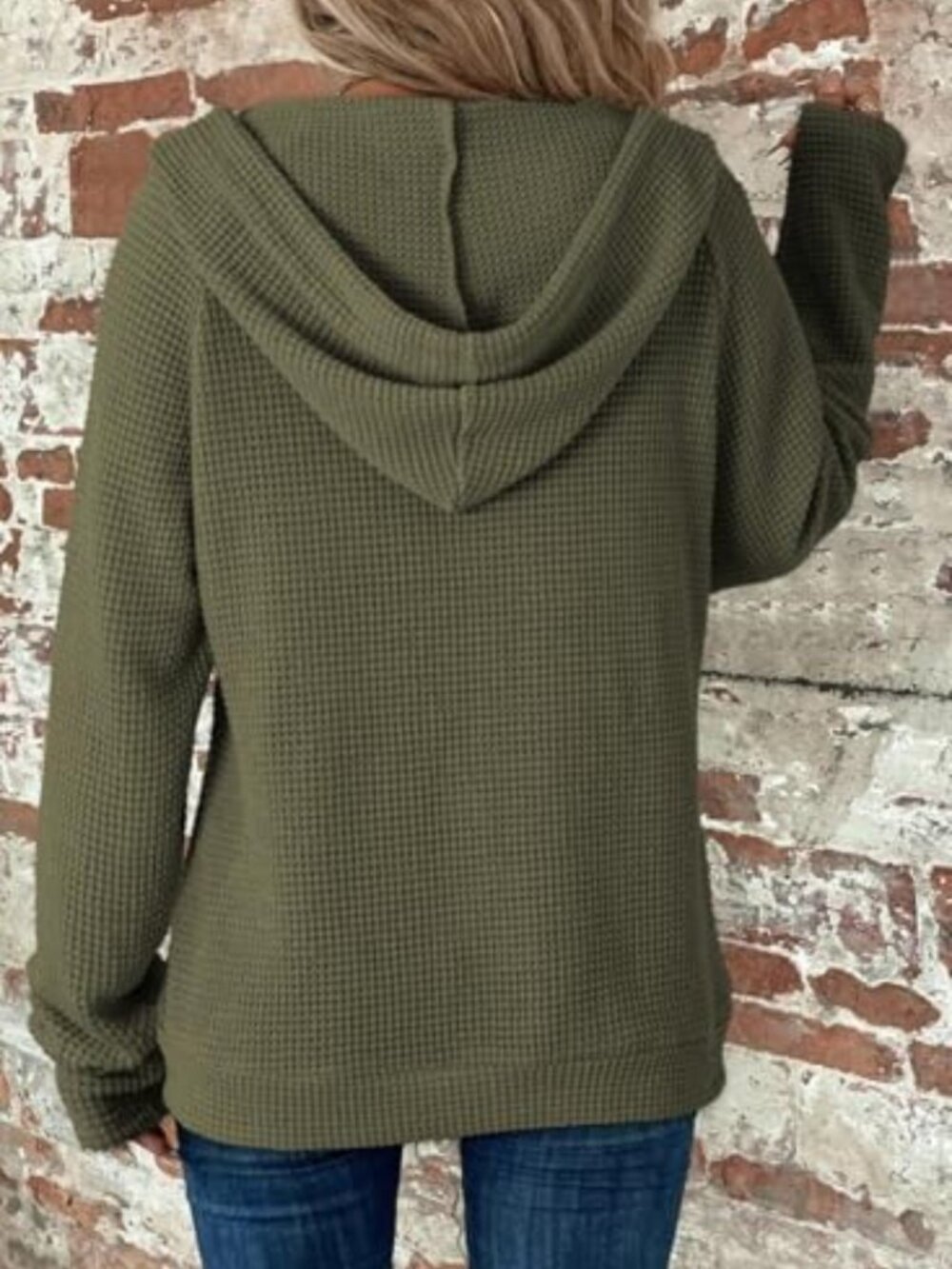 Cozy Full Zip Hooded Waffle Knit Sweatshirt Top for Women - Long Sleeve Casual - Picture 2 of 5